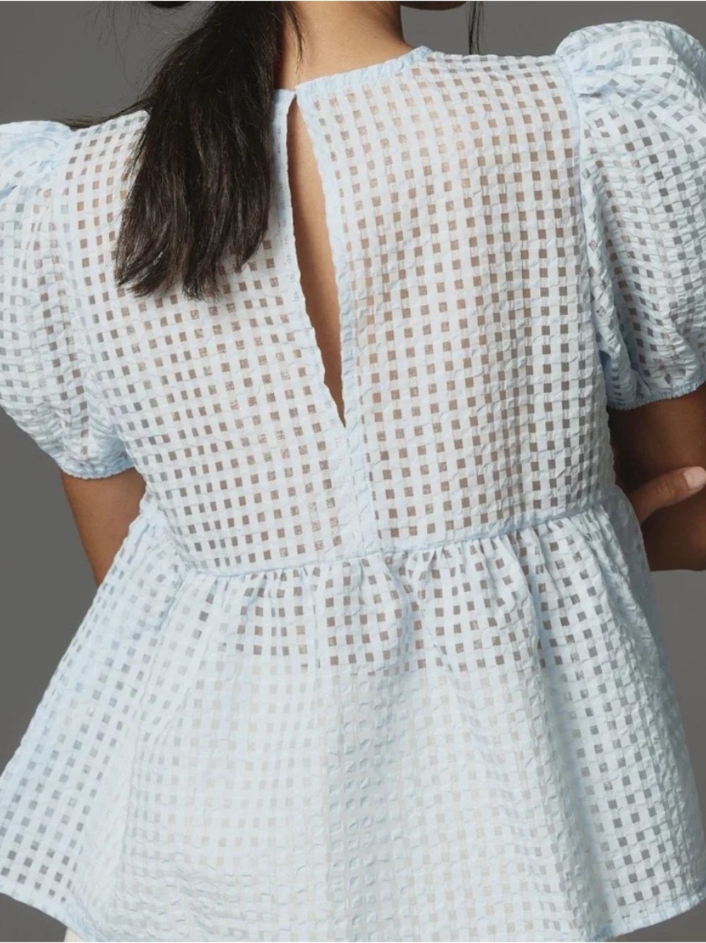 Anthropologie Maeve light blue sheer puff sleeve baby doll top - Picture 4 of 7